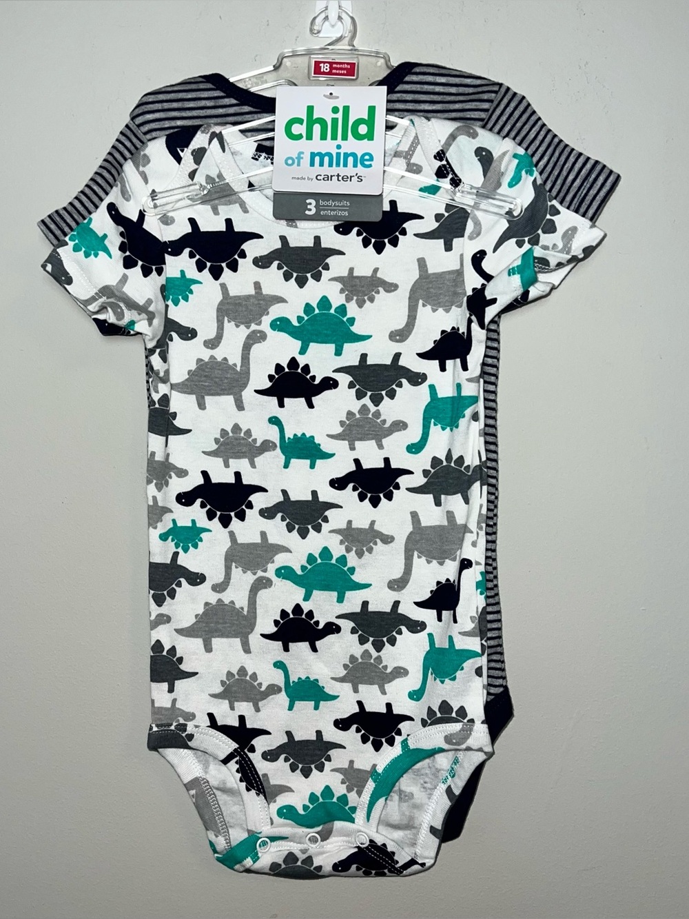 Carter's Child of Mine Dinosaur Print Bodysuits- White/Teal/Gray/Black